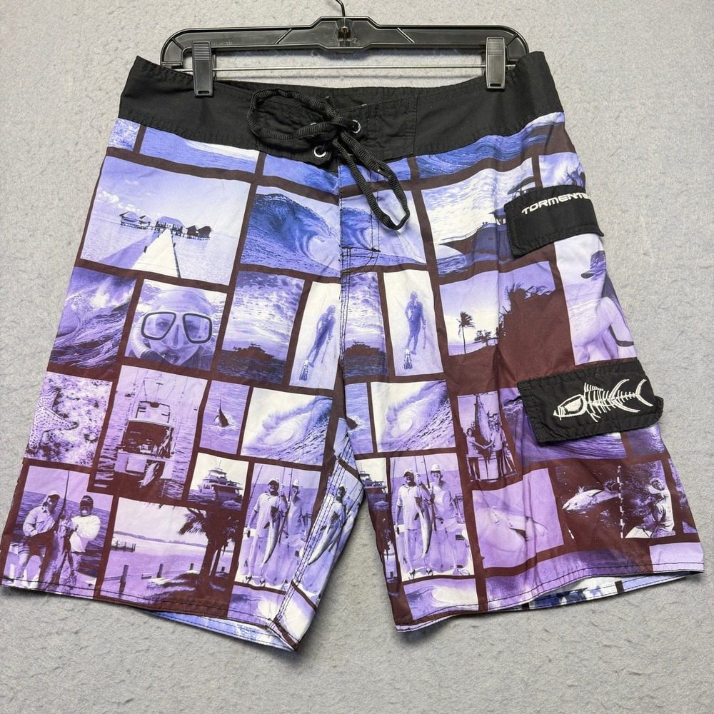 Tormenter Mens Purple Photo Collage Fishing Board Shorts Swim Trunks Size 34